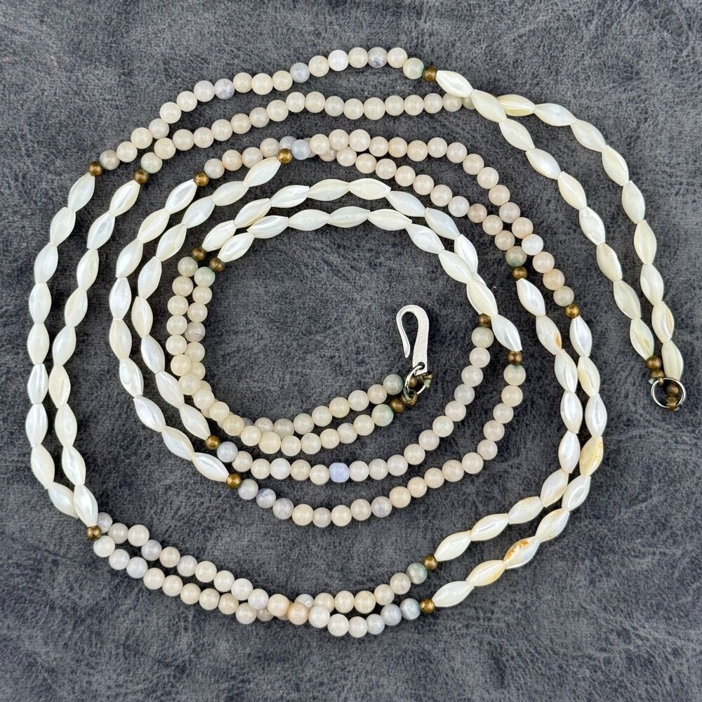 Vintage Natural Gemstone & Mother Of Pearl Rice Beads Necklace Double Strand 15"